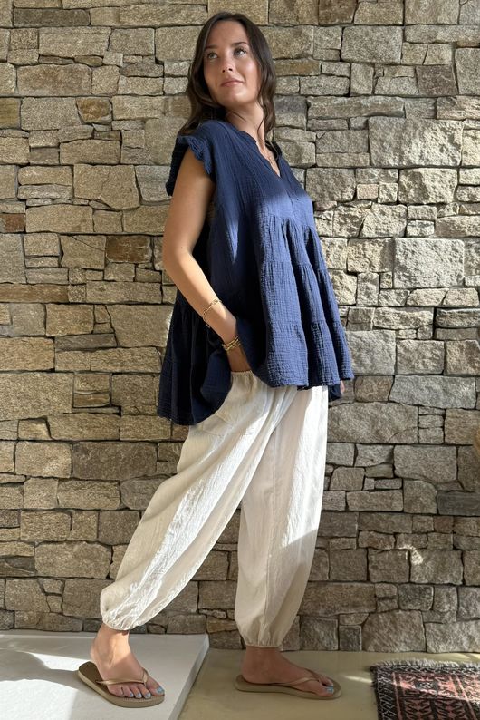 Tasha Cushion Cotton Cap Sleeve Tier Top Navy